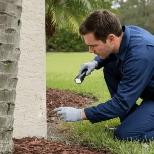 Can Termites Spread Through Clothes? A South Florida Expert Answer 1 A NaturePest technician conducting a thorough termite inspection on the exterior of a South Florida home, checking the foundation for mud tubes.