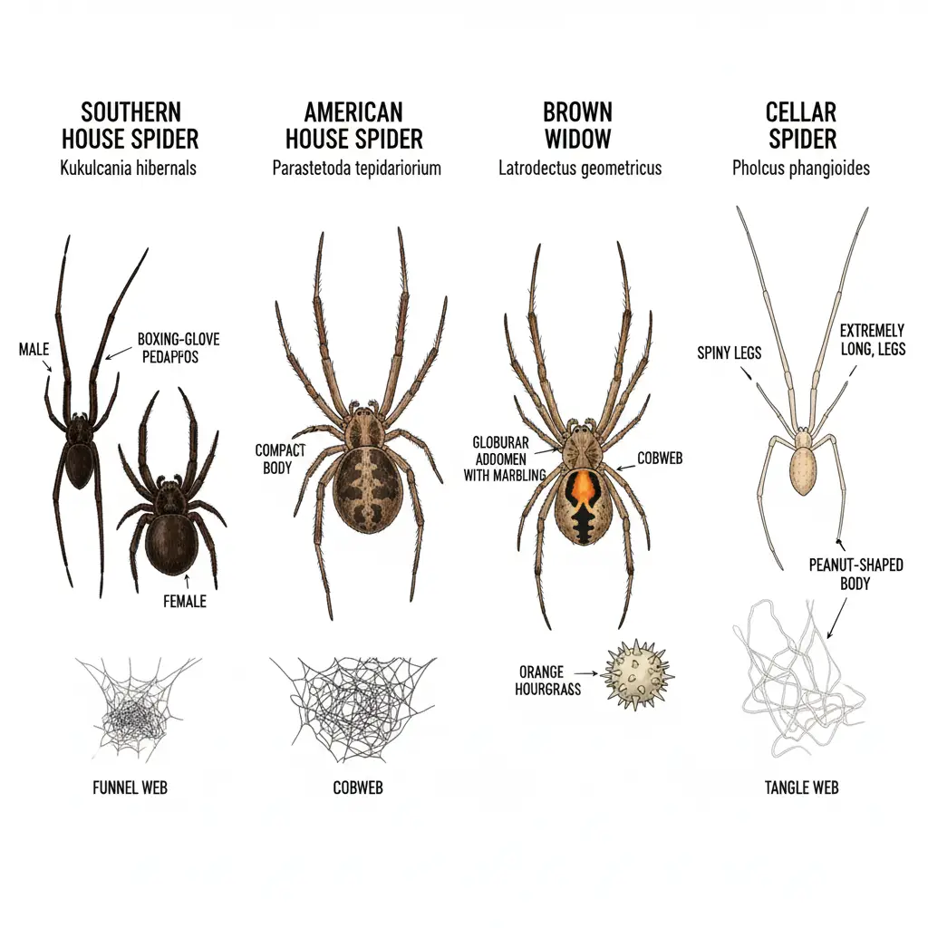 Spiders in Your House in September? Here's Why & How to Stop Them 1 Infographic comparing common Florida house spiders like the Southern House Spider and Brown Widow, highlighting key identification features for homeowners.