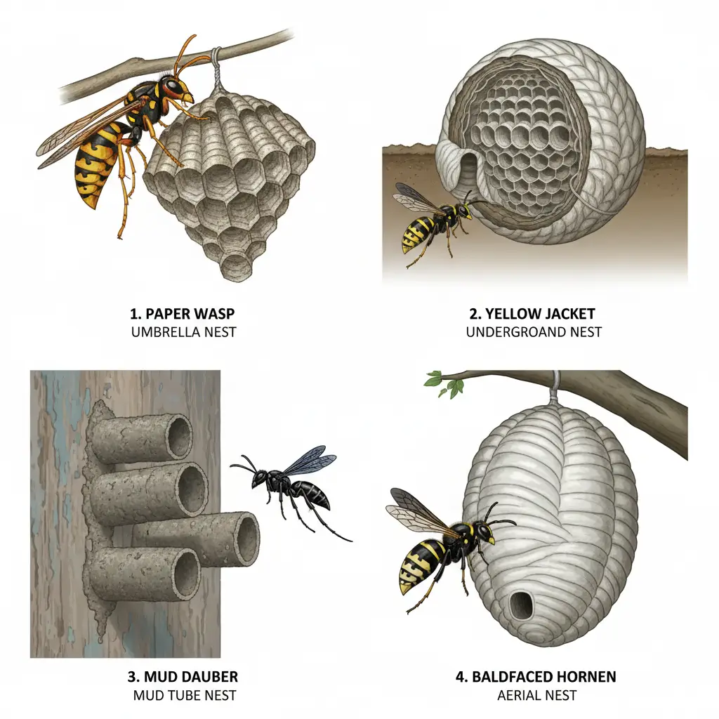 Common Wasps in Florida & Safe Nest Removal: A Complete Guide 1 Illustrated guide comparing four common Florida wasps: Paper Wasp, Yellow Jacket, Mud Dauber, and Baldfaced Hornet, showing their distinct body shapes, colors, and nest types.