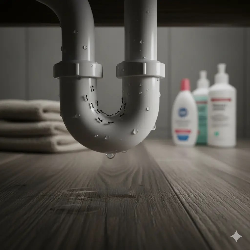Why Ghost Ants Invade Your Florida Bathroom (& How to Stop Them) 1 Close-up of ghost ants trailing along a damp pipe under a bathroom sink in a Florida home, highlighting moisture as the primary attractant.