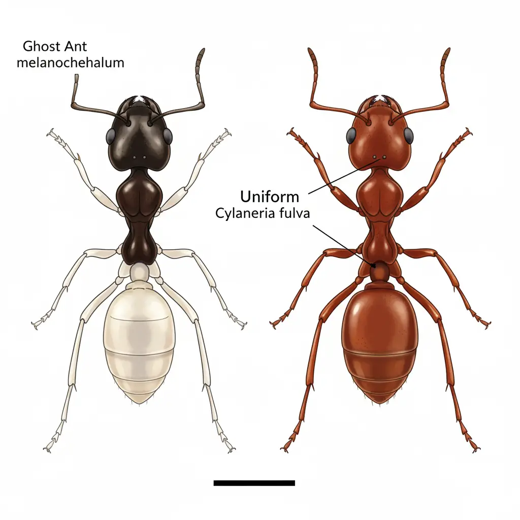 Ghost Ants vs Crazy Ants in Florida: Identification & Control 1 Detailed illustrated side-by-side comparison of a Ghost Ant and a Tawny Crazy Ant, highlighting differences in color, size, and body structure for accurate identification.