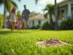 What Really Attracts Fire Ants to Your South Florida Yard? 1 A fire ant mound in a South Florida lawn, showing the need for holistic pest control to keep families safe.