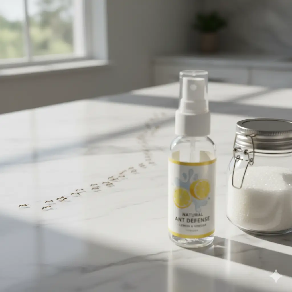 Ghost Ants in Kitchen? How to Get Rid of Them Safely 1 Close-up of tiny ghost ants on a kitchen counter in a South Florida home, with a natural citrus spray and sealed glass jar shown as holistic control methods.