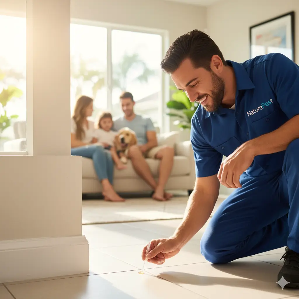 Hypoallergenic Pest Control FL | Allergy & Asthma Safe Solutions 1 A NaturePest technician using targeted, hypoallergenic pest control methods in a South Florida home with a family present, showcasing safety.