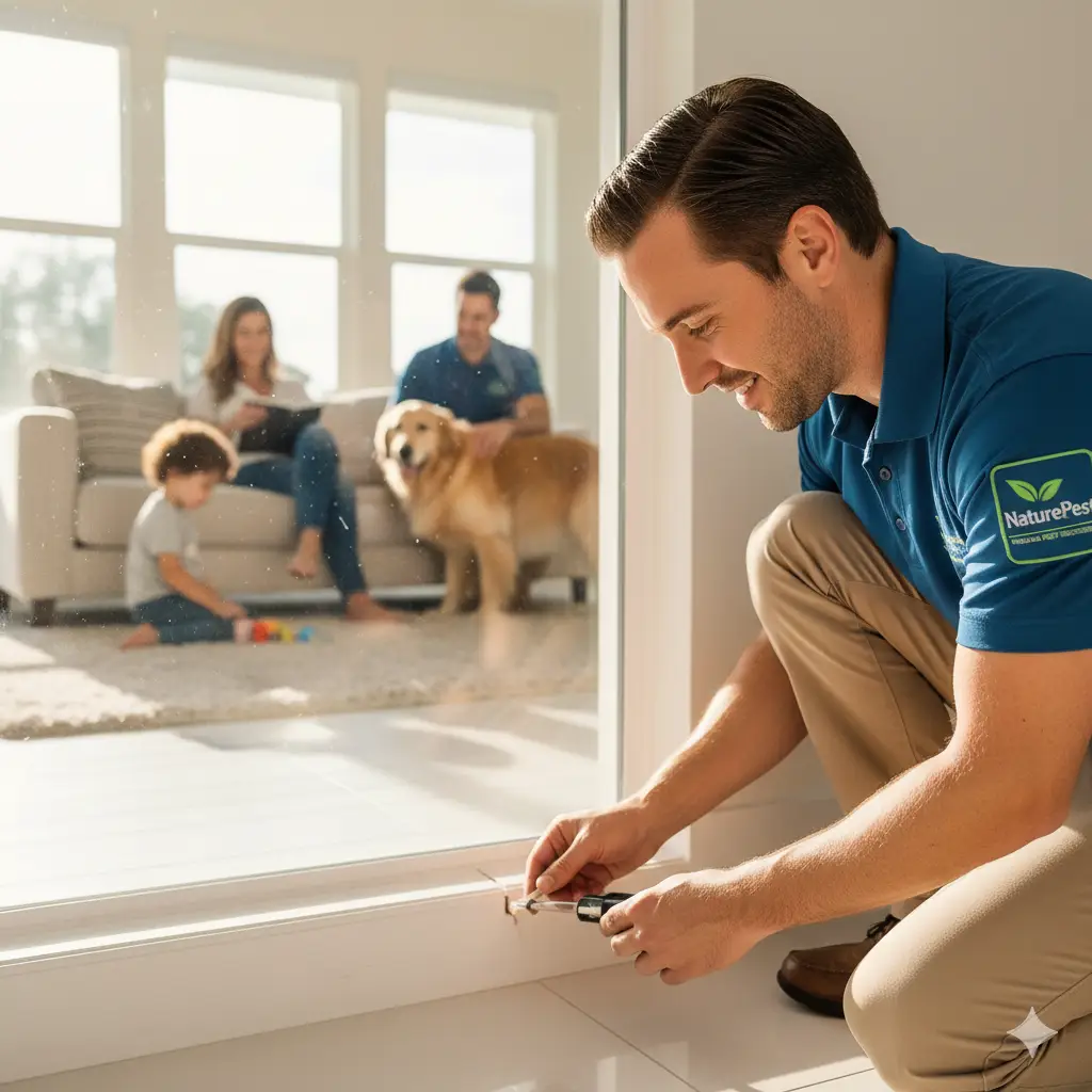 Allergy Safe Pest Control | Hypoallergenic Solutions FL 1 A NaturePest technician using targeted, hypoallergenic pest control methods in a South Florida home with a family present, showcasing safety.
