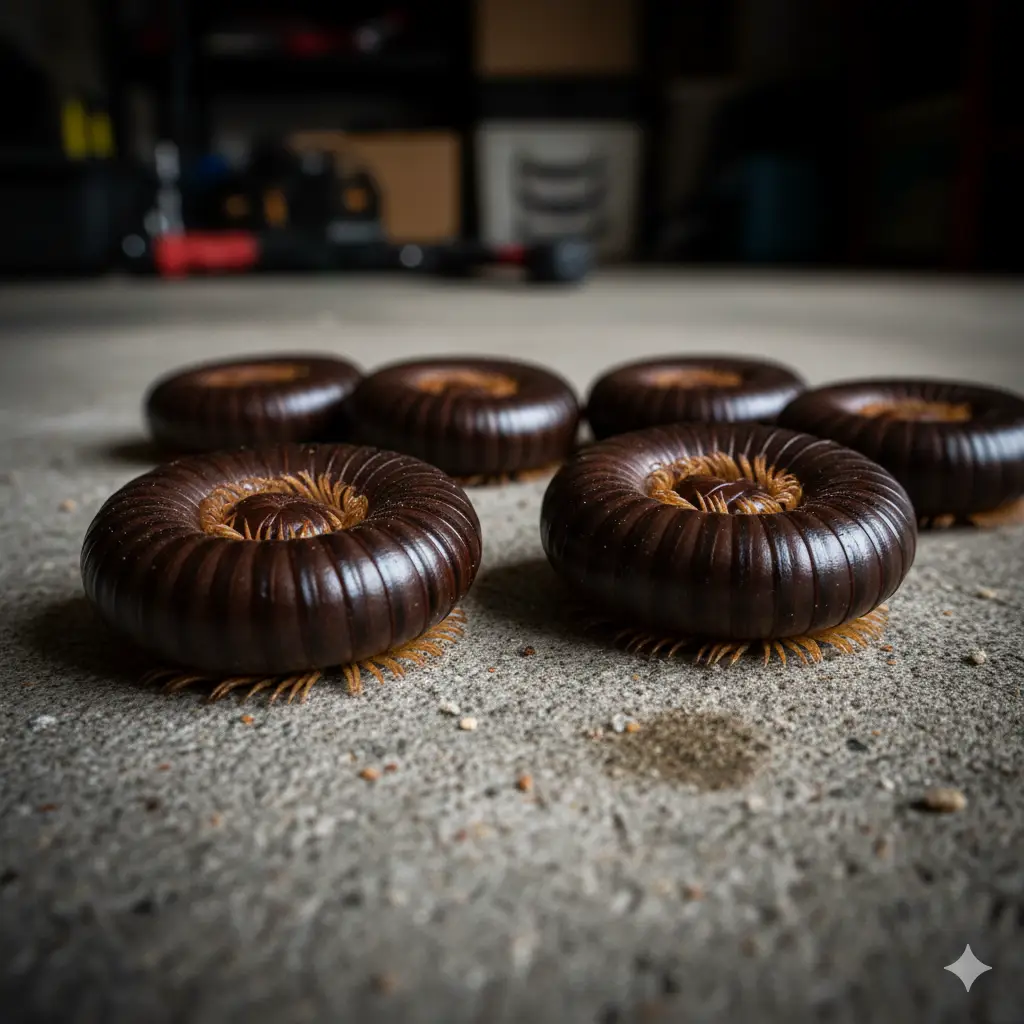 Millipede Infestations in Florida Homes: Safe Removal & Prevention 1 Millipedes curled into defensive coils on a concrete floor, a common sight during infestations in Florida homes and garages.