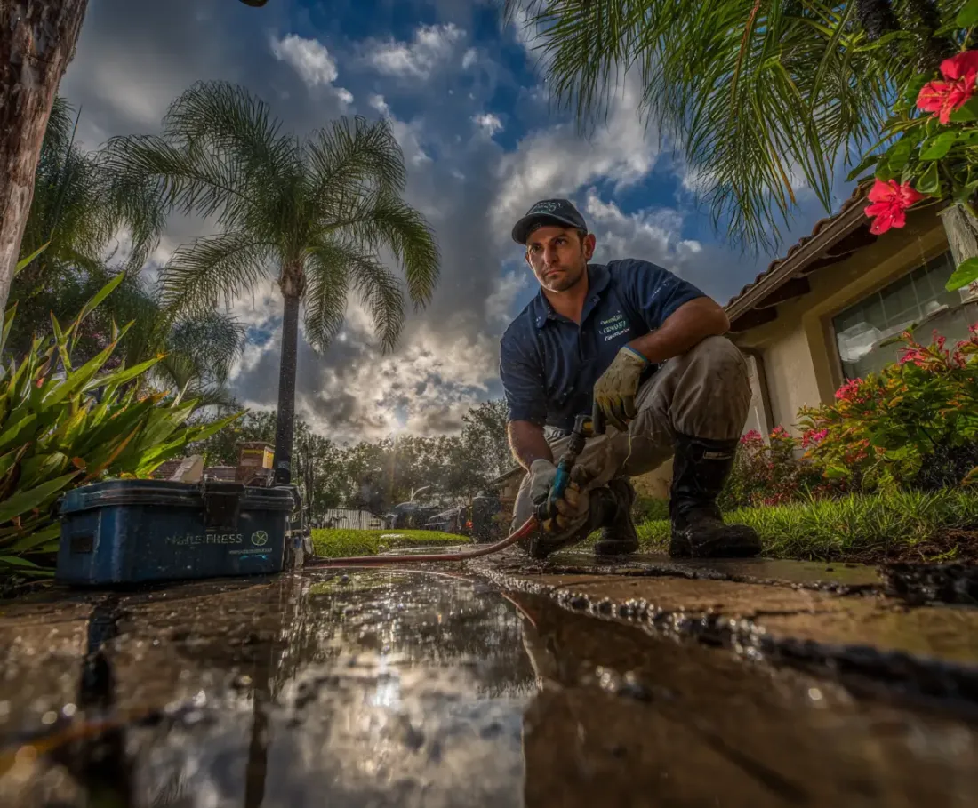 Stop Palmetto Bugs in Florida's Rainy Season: A Holistic Guide 1 A NaturePest technician sealing foundation cracks during Florida rainy season inspection for palmetto bug prevention in Miami home.